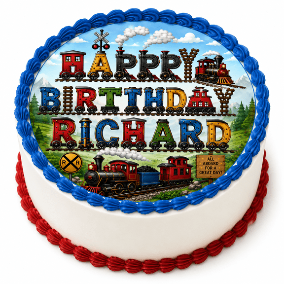 SugarMeLicious Personalized Train Birthday Cake Topper, Railroad Party Cake Decoration, Steam Engine Dessert Topper, 8 Inch Round Frosting Sheet