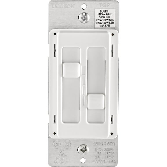 1PACK Leviton Decora SureSlide Fan & Incandescent/LED/CFL Light White Slide Dimmer Switch