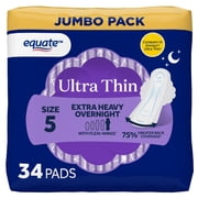 Equate Ultra Thin Pads with Flexi-Wings, Extra Heavy Overnight Absorbency, Size 5, 34 Count