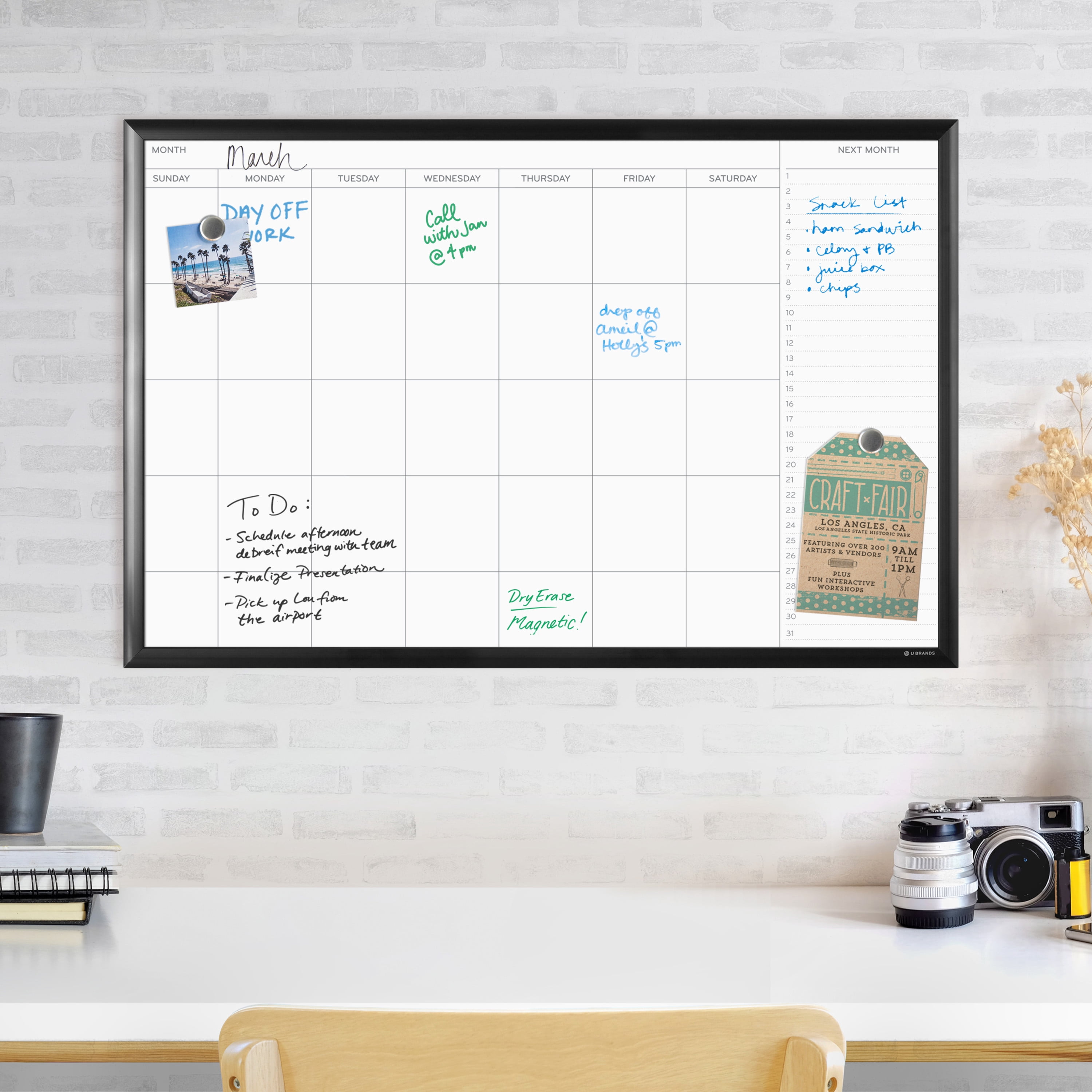 U Brands Magnetic Dry-Erase Monthly Calendar Board, 36 X 24 Inches, Black Aluminum Frame (2899U00-01)