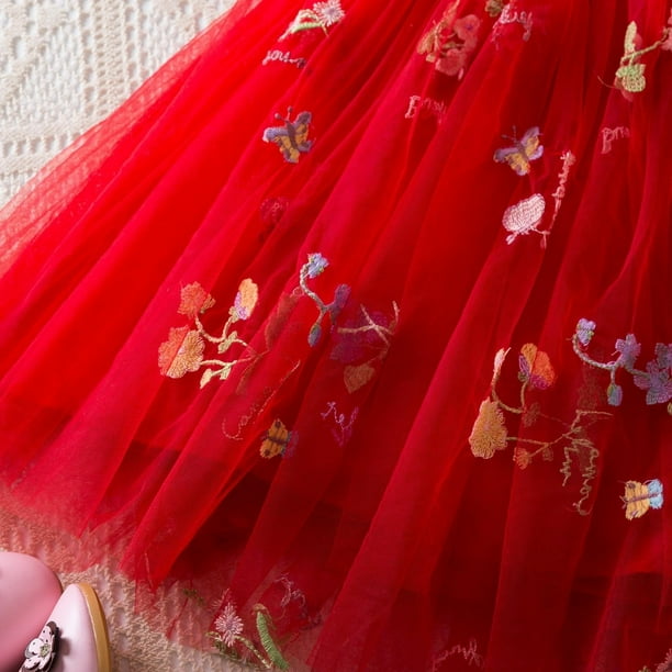 red first birthday dress SHEIN Young Girls'Red Summer First Birthday Dress,3D Floral Patchwork Ruffle Hem Backless Big Bow Decor A-Line Dress,Elegant Partywear Princess Formal Gown