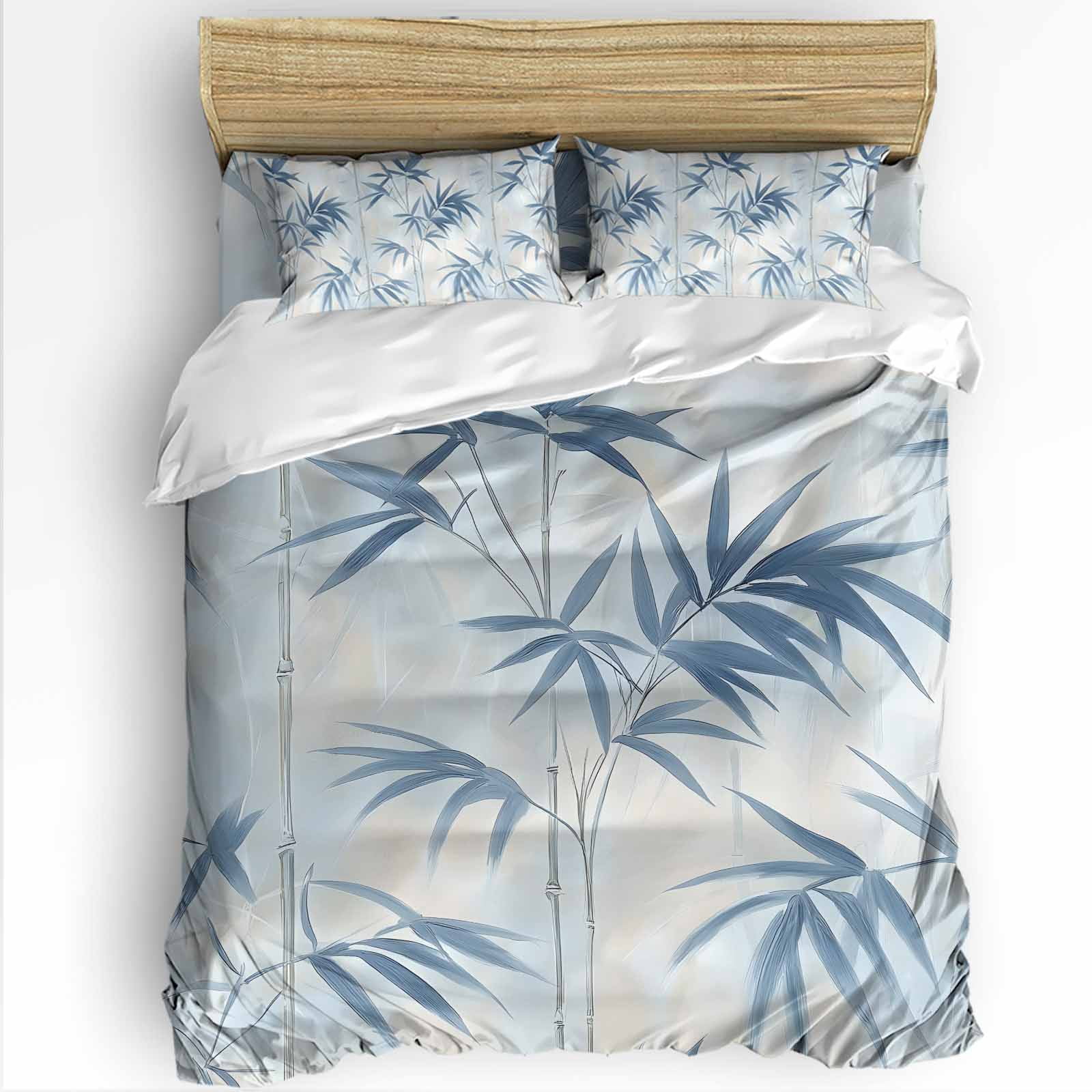 Abstract Bamboos Leaf Queen Duvet Cover Set, Blue Branch Leaves Watercolor 4 Piece Microfiber Bedding Set with Zipper Closure, Bed Sheet and 2 Pillow Shams, Soft Bedding Cover