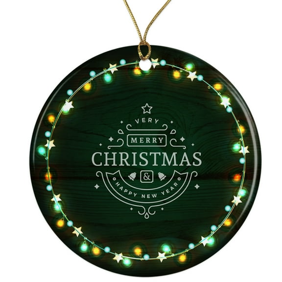 Very Merry Christmas Green Lights Ceramic Ornament - Beautiful Classic Design - 3 Inch Christmas Tree Round Ornament - Xmas Holiday Decor - String Included - ORN0003