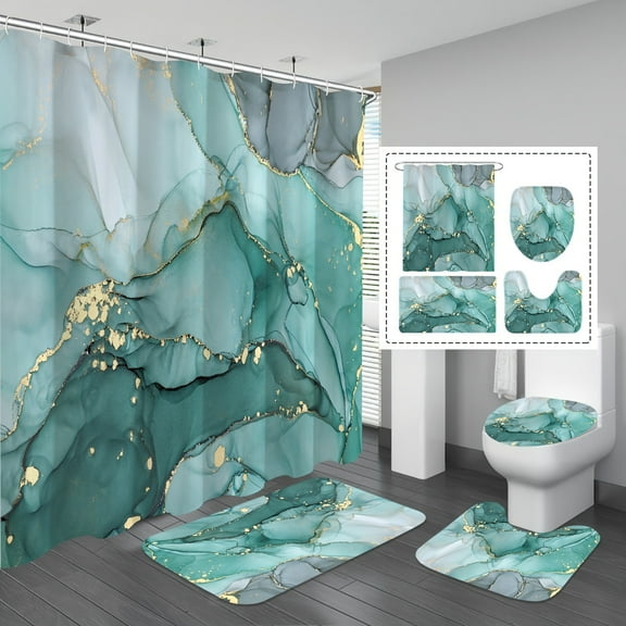4pcs Teal Marble Pattern Shower Curtain Set, Waterproof Bath Curtain With 12 Hooks, U-shaped Mat, Toilet Cover Mat, L-shaped Mat, Bathroom Accessories, Aesthetic Bathroom Decor