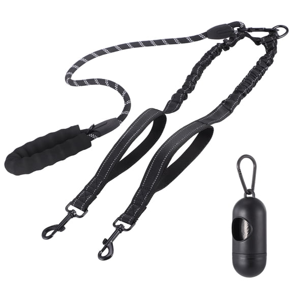 Dual Dog Leash with Waste Bag Dispenser, No-Tangle Reflective Bungee Lead for 2 Dogs, Black