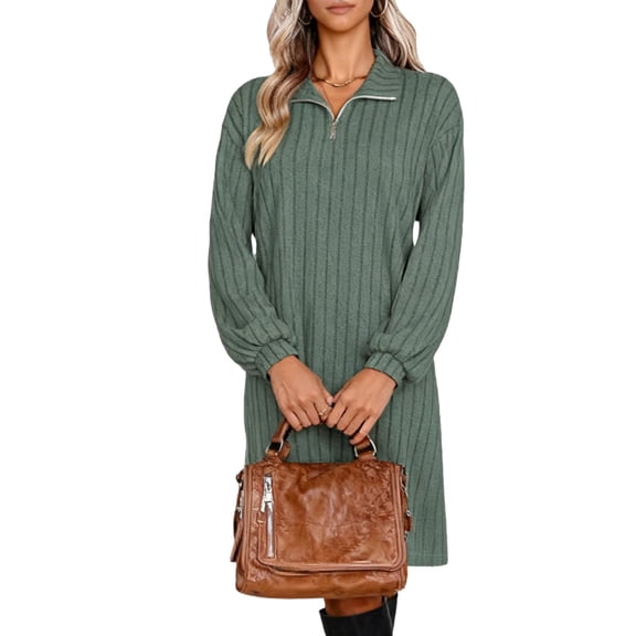 Kilaqueen Sweater Dress for Women Long Sleeve 1/4 Zipper Collared Ribbed Knit Dress Casual Solid Color Warm Relaxed Fit Dresses
