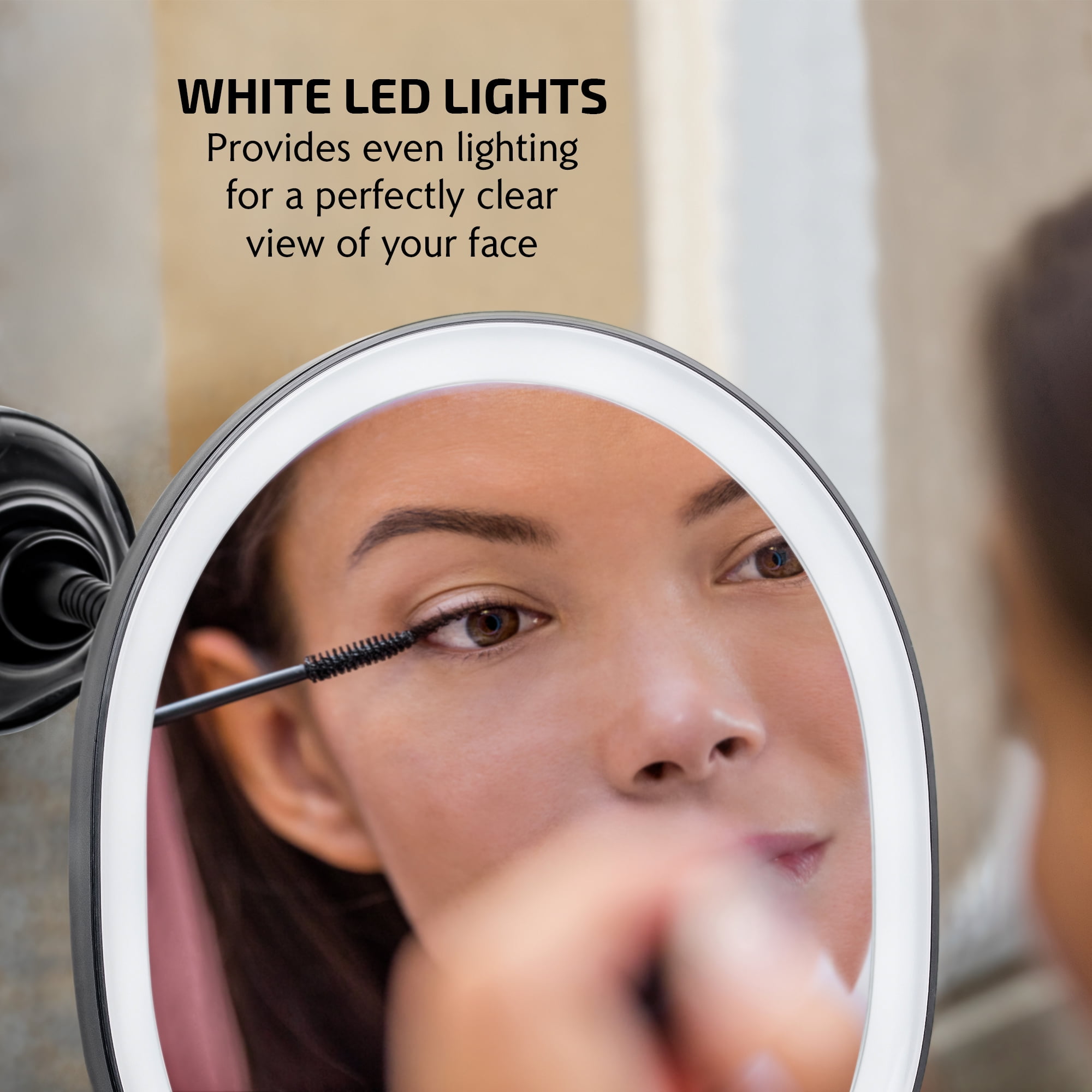 Ovente 8.5'' Lighted Makeup Mirror, Rechargeable Swivel Gooseneck with Attachable Suction Cup Mount, 10X Magnetic Mini Magnifier, Dimmable LED, for Bathroom, Home & Travel, USB Powered, Black MOW22B