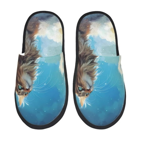 Balery Blue Sky Winged Cat Slient Indoor Furry Fleece Comfort House Shoes Soft Non-Slip Home Shoes Cotton slippers House Slippers-- Medium