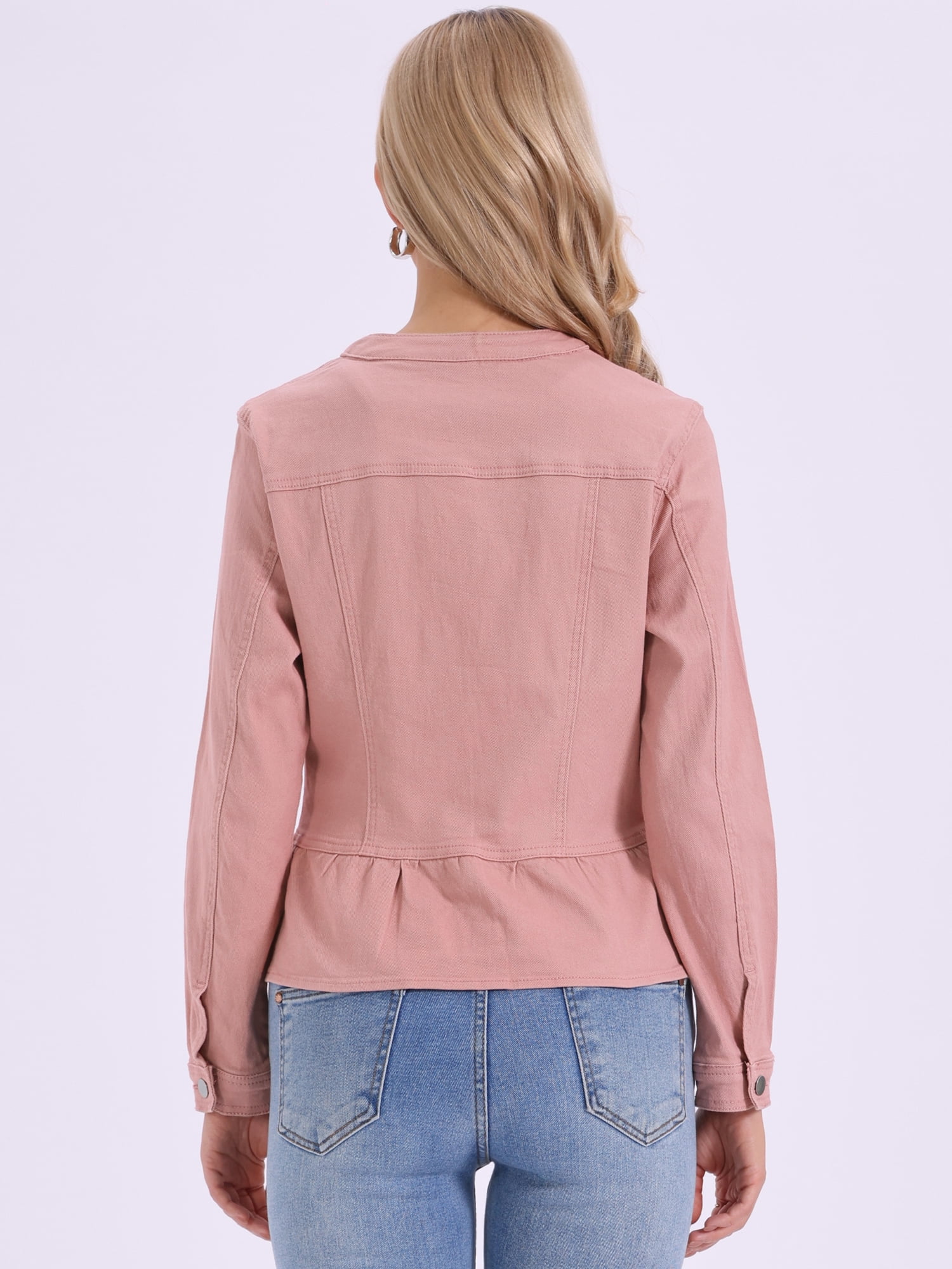 DARING DIVA Women's Peplum Hem Button Down Collarless Jean Jacket XL Dusty Pink
