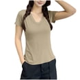 thumbnail image 5 of Mifsaly Plus Size Womens Deep V Neck T-Shirt Slim Fit Short Sleeve Summer Tops Soft Lightweight Stretchy Seamless Basic Tees Beige,XXXXL, 5 of 5