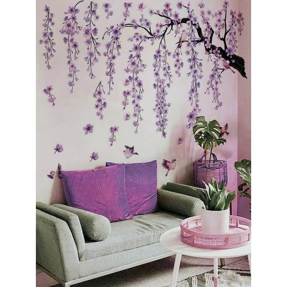 Large purple Flower Tree Branch Wall Decals Cherry Blossom Tree Floral Birds Wall Stickers Peel and Stick Wall Art Decals Living Room Bedroom Tv Background Wall Decor glass decals