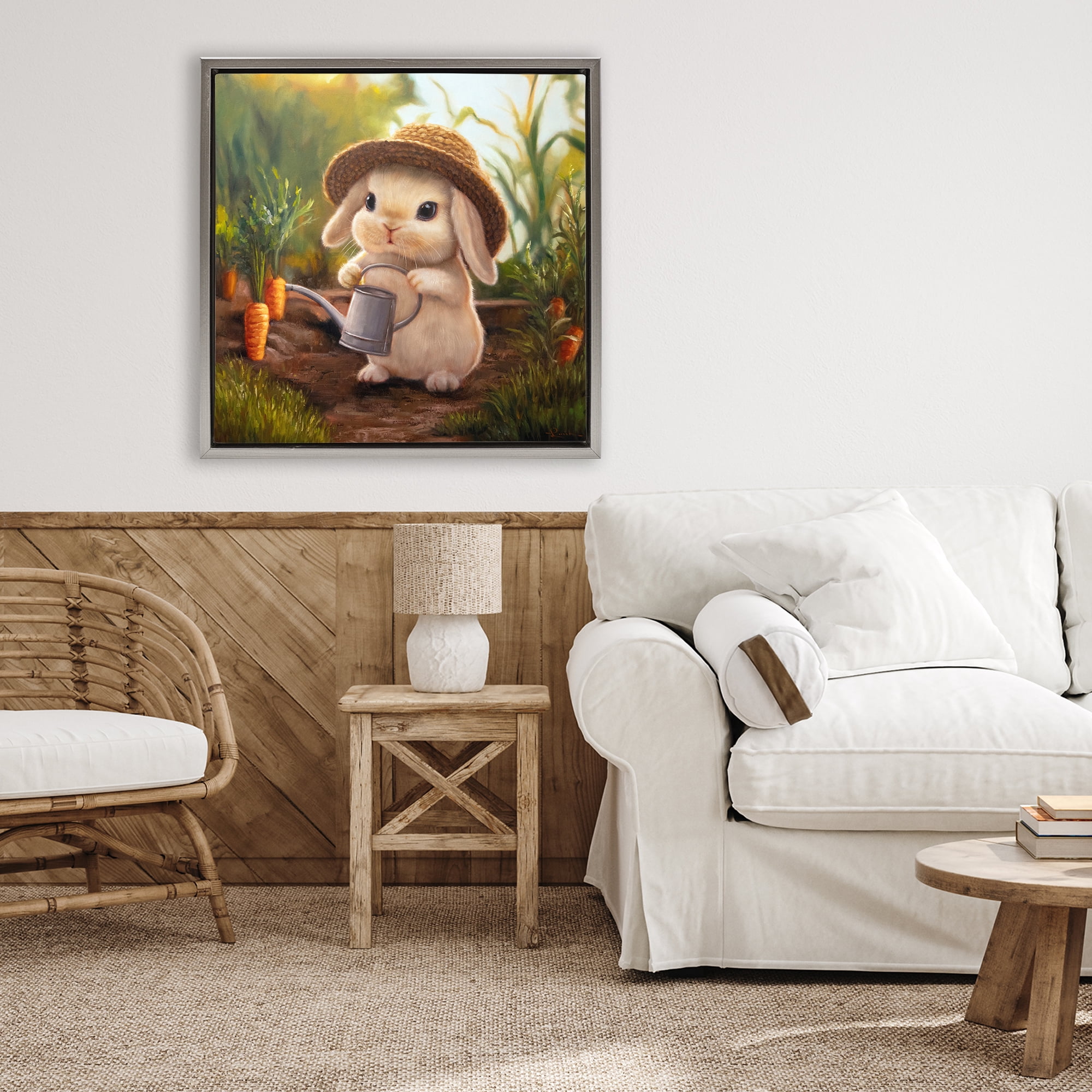 Stupell Industries Bunny with Carrot Garden Gray Framed Floater Canvas Wall Art, design by Lucia Heffernan