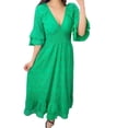 thumbnail image 2 of GYUJNB Robe d'Été 2024 pour Femmes, Mini Robe à Col en V, Robe Midi Ample Plissée, Robe de Plage Courte, Robe d'Été, Verte, 2 of 4