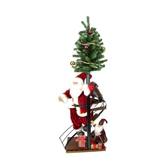 Northlight 50" Santa Claus on Spiral Staircase with Tree and Elf Christmas Figure