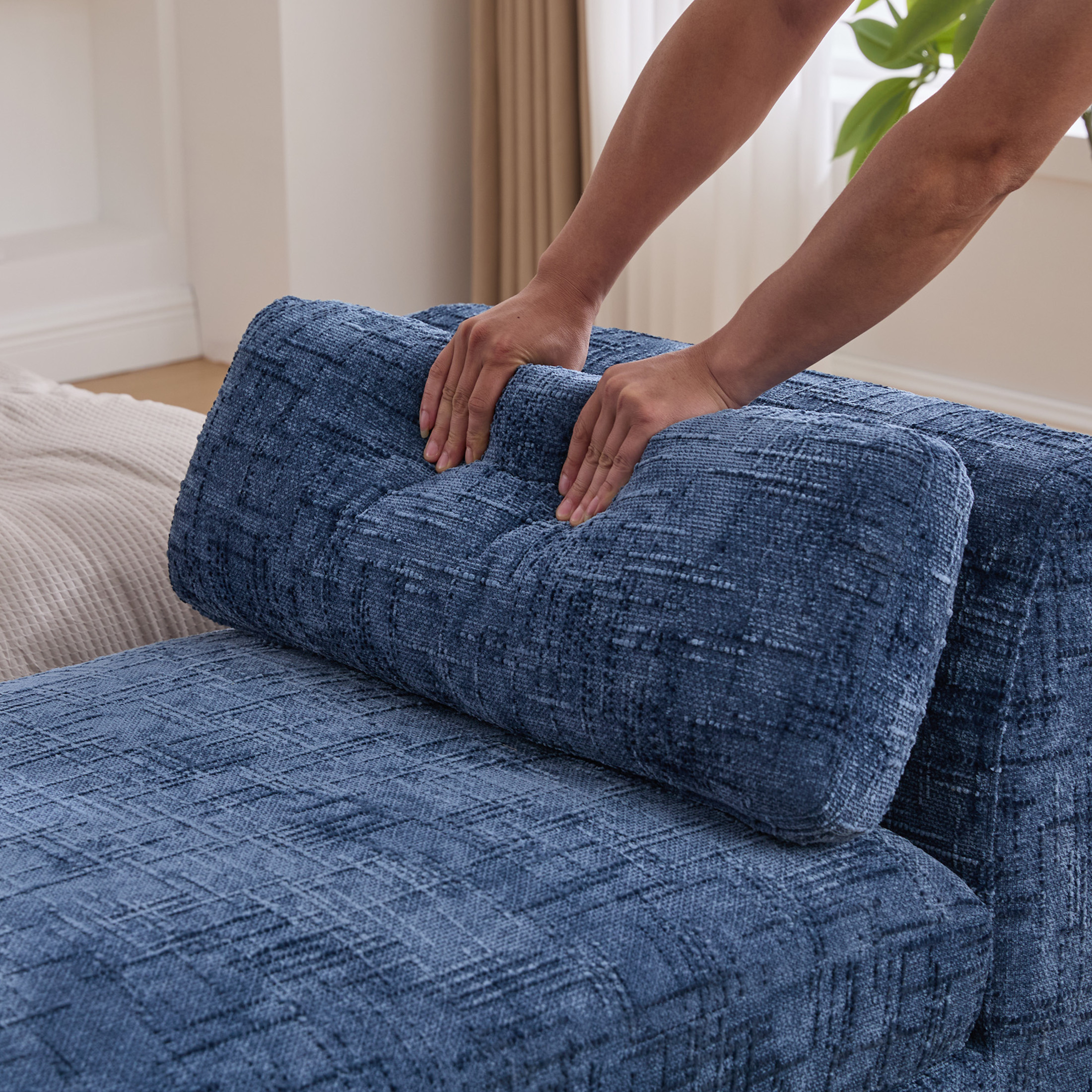 Noble House Torvane 83.1" Chenille Bed End Bench, Modern Chaise Lounge with Bolster Pillows and Wood Legs, Blue
