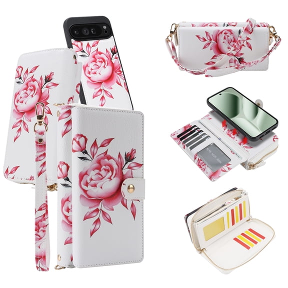 for Google Pixel 8 Pro Case Detachable Wallet with RFID Blocking Card Holder Colored Drawing PU Leather Magnetic Snap Flip Zipper Wrist Shoulder Strap Kickstand Phone Case Women Girls, White