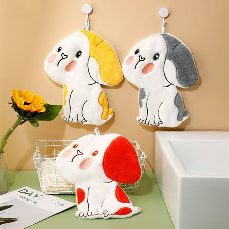 

Hopeup Hand Towel Creative Shape Adorable Appearance Super Soft Quick Dry Highly Absorbent Kitchen Cleaning Coral Fleece Cartoon Dog Hanging Wipe Handkerchief with Lanyard for Home