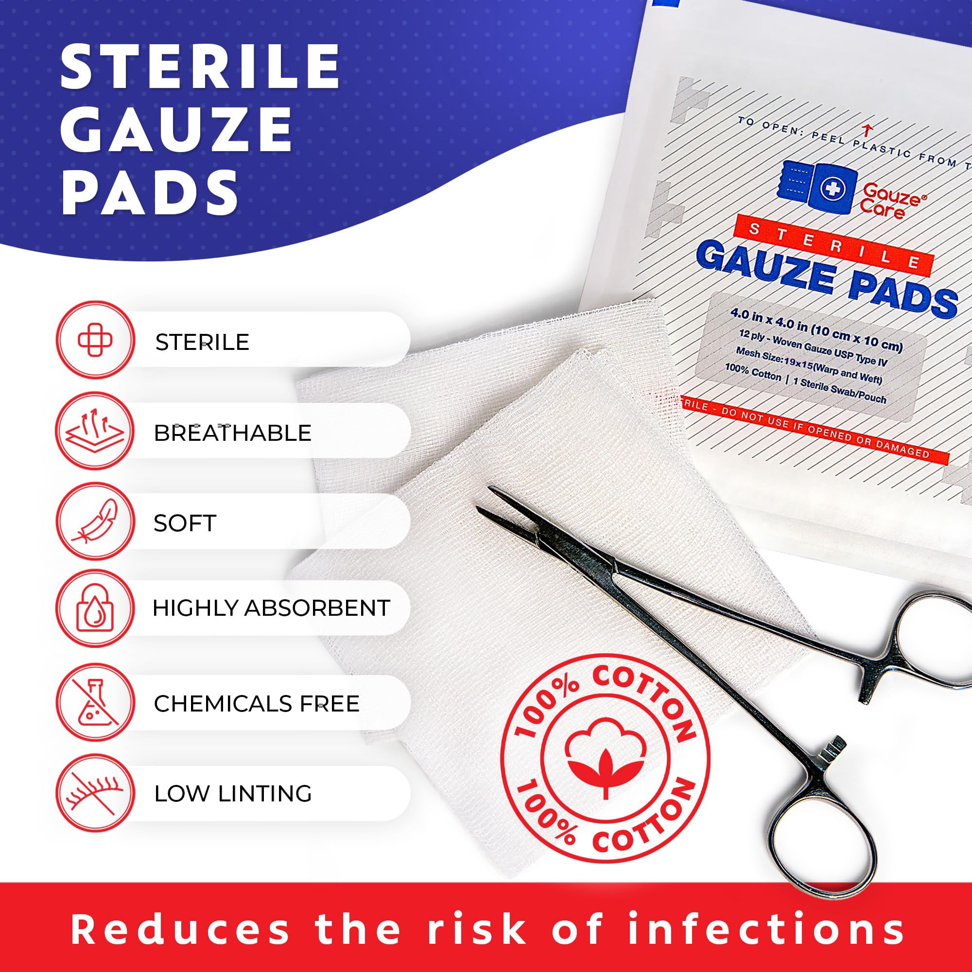 100pc Sterile Gauze Pads 4"x4" – 12ply Woven Gauze Sponges, USP Type IV, High Absorbency, First Aid Wound Care
