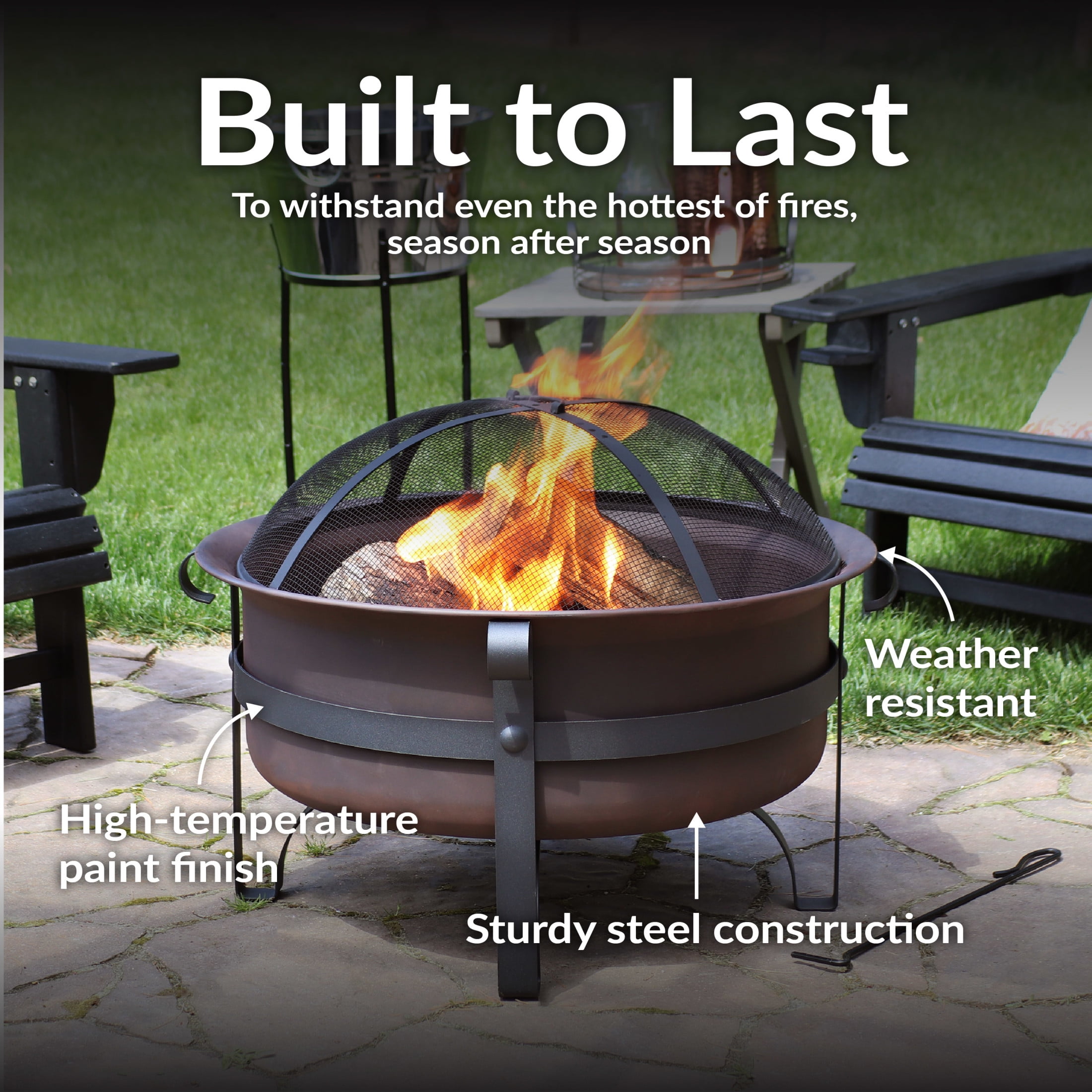 Sunnydaze 29" Round Wood-Burning Bronze Finish Steel Fire Pit Bowl with Spark Screen and Poker