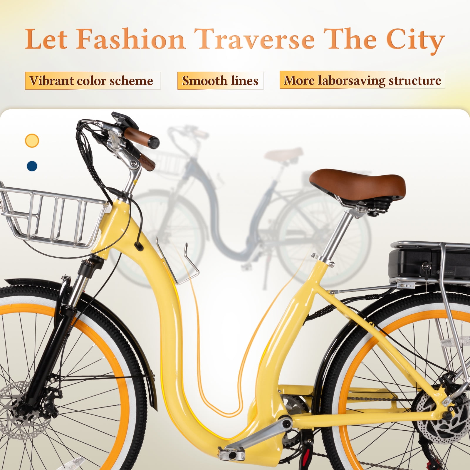 26 Inch Cruiser Electric Bike, E-Bike for Adults with 48V 15.6AH Removable Battery, Step Through Ebike for Women Men UL2849- Yellow
