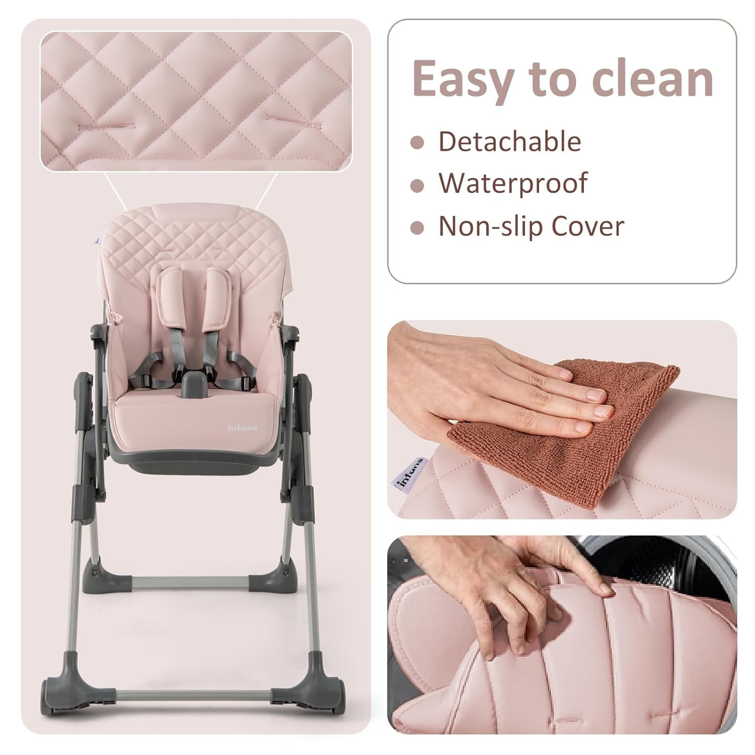 INFANS Baby High Chair, Convertible Quick Folding Portable Highchair for Babies and Toddlers with Adjustable Height Backrest Footrest 2 Wheels Removable Tray, Easy to Clean PU Seat