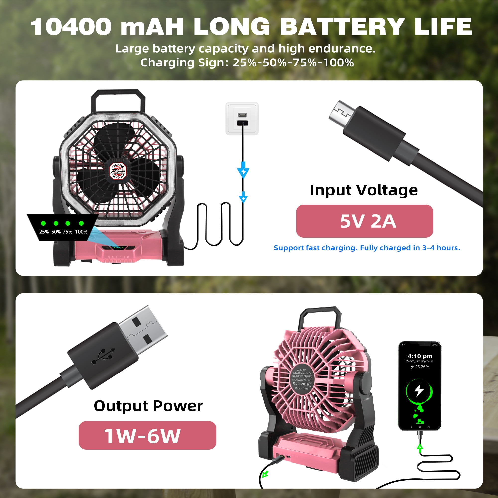 Roykaw Portable Fan for Travel, 10400 mAH Rechargeable Camping Fan, Cordless Battery Powered Fan with Led Light, Battery Fan with Handle, Hang Hook for Tent, Fishing, Hurricane Fan for Bedroom, Pink