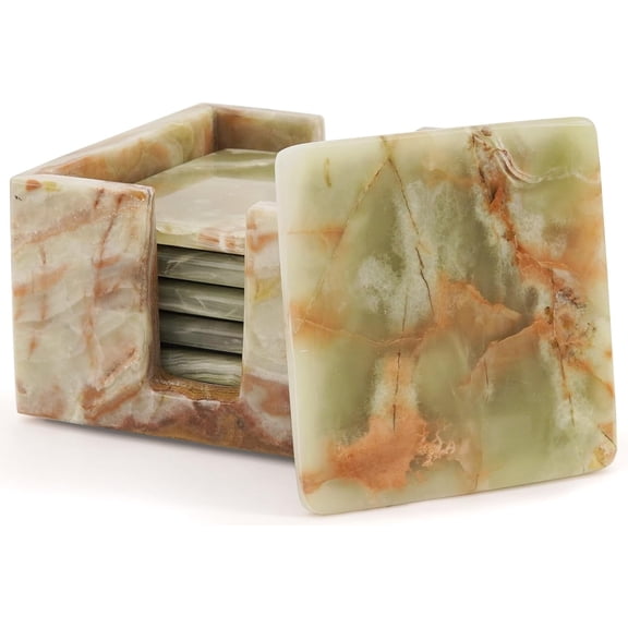 Radicaln Green Marble Coasters for Drinks – 3.5" Square Drink Coasters with Holder, Set of 6 for Coffee Table, Kitchen Decor, Dining Room, Bar Use