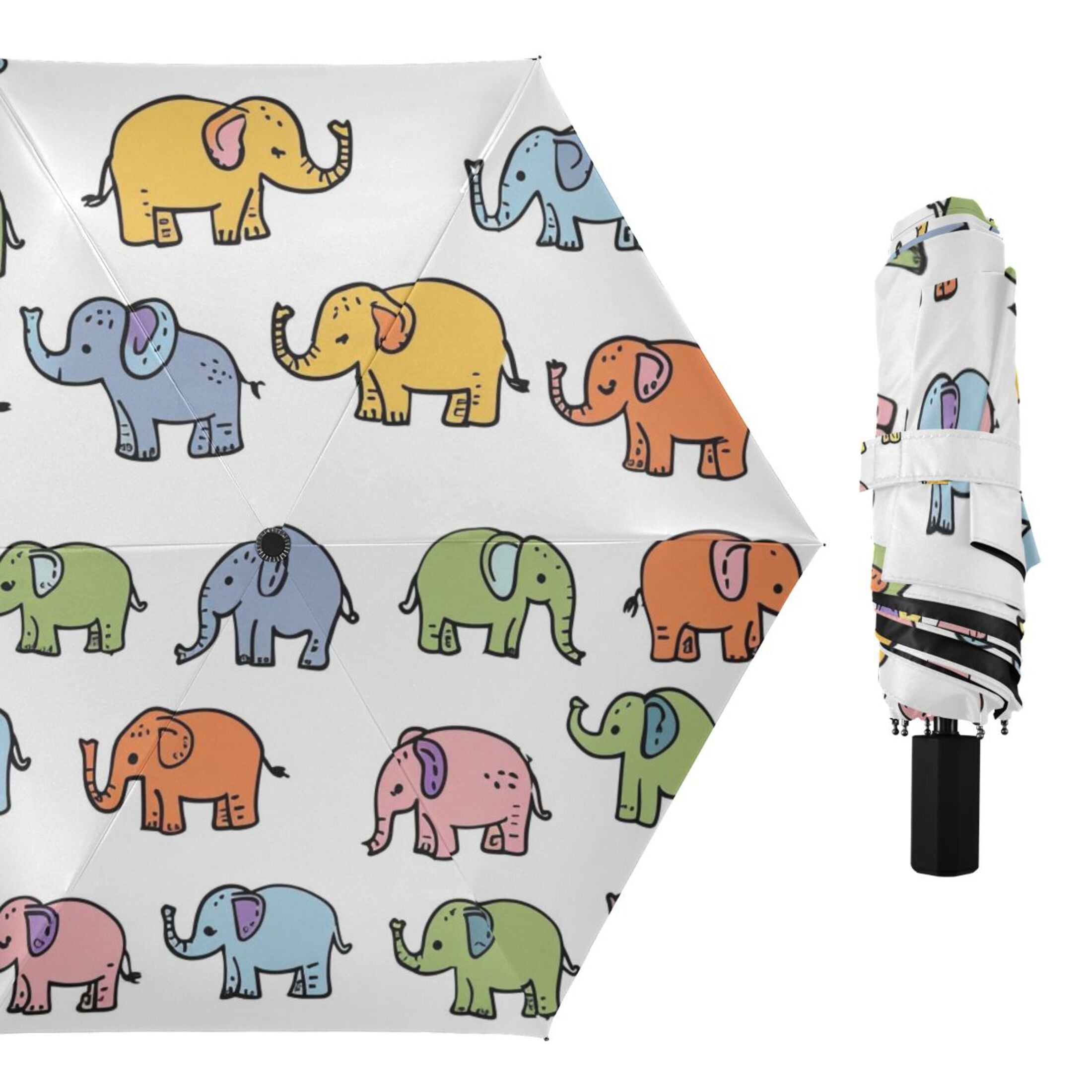 Cartoon Elephants UPF 50+ Compact Folding Umbrella for Rain Windproof Travel Umbrella Lightweight Packable