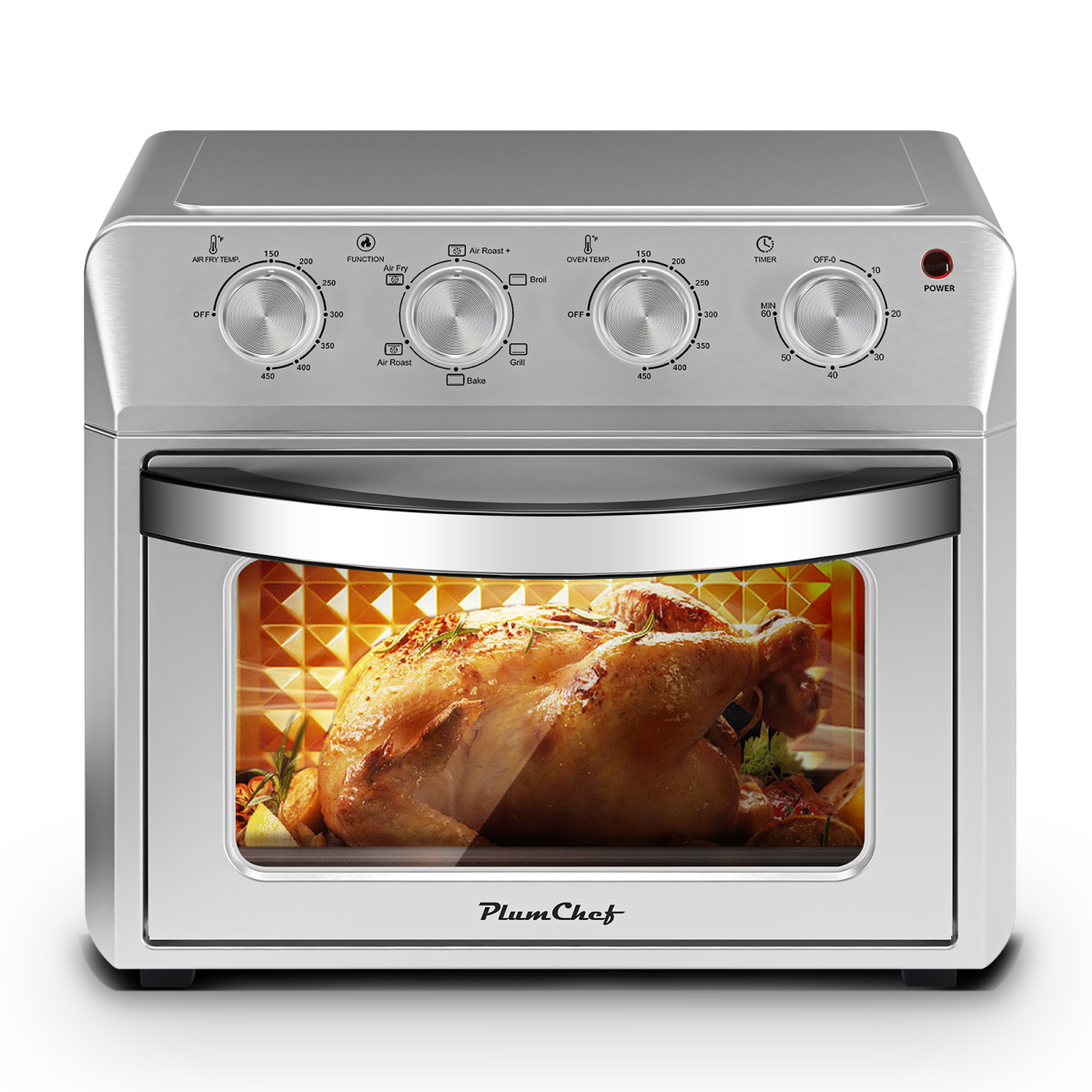 Plum Chef 27.5QT Family Size Air Fryer Oven - 6-in-1 Countertop Oven (Air Fry/Bake/Broil/Toast/Warm/Dehydrate) 1600W 4-Knob Control Silver
