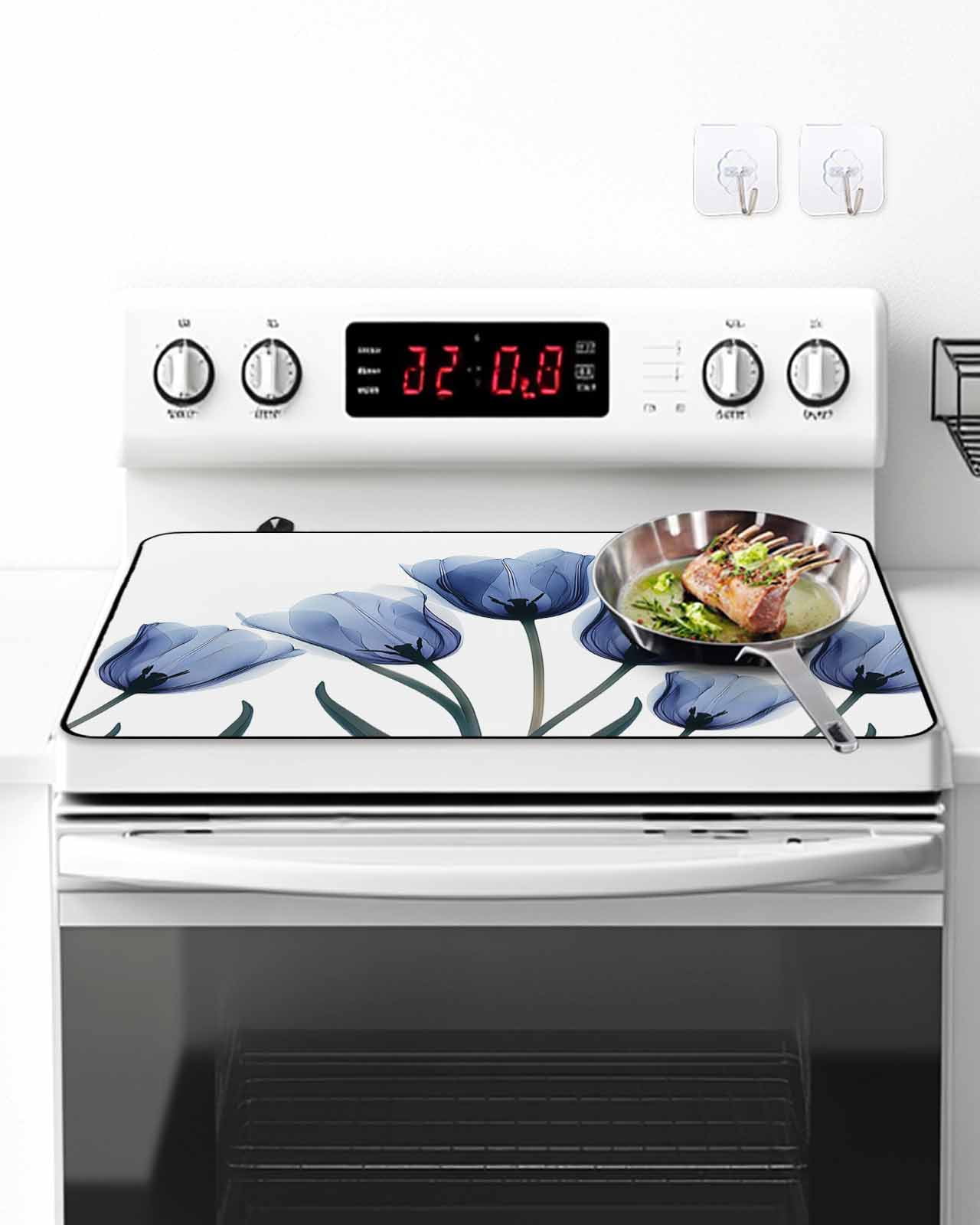 Stove Top Covers for Electric Stove, Blue Tulip Flower Glass Stovetop Cover Protector, Vintage Spring Plant Floral Botanical Induction Cooktop Protector Oven Mat for Kitchen Countertop 24"x21"