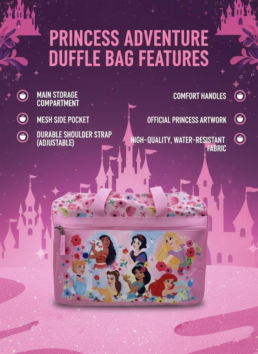 Disney Princess Kids Duffle Bag 16.5"  Travel & Sports Bag with Zipper Pocket, Mesh Side Pockets & Shoulder Strap