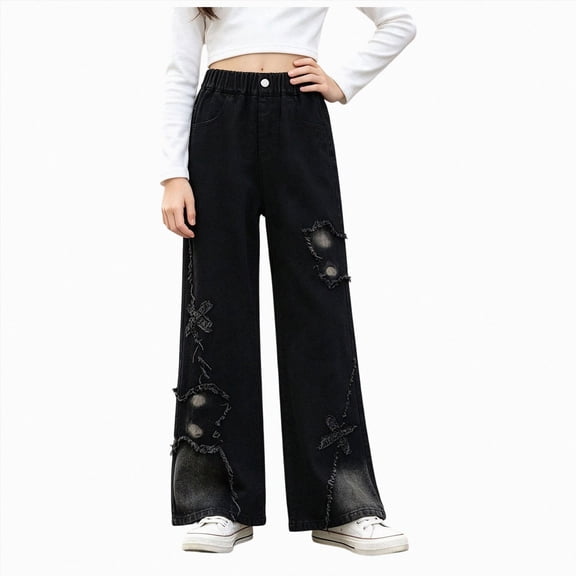 CAUYDY Girls Jeans Denim Elastic Wasit Wide Leg Baggy Pants Tween Clothes School Girls Jeans Sizes 13-14 Years