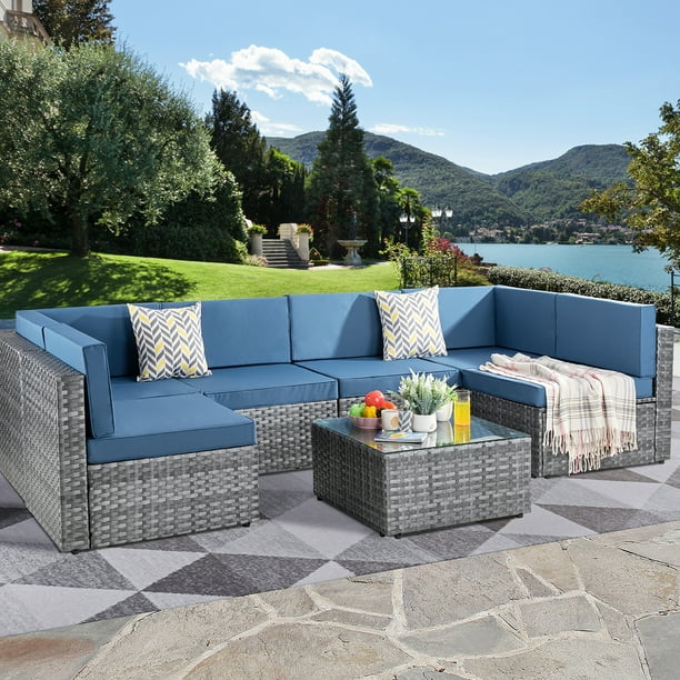 Walsunny 7 Pieces Outdoor Patio Sectional Sofa Couch, PE Wicker