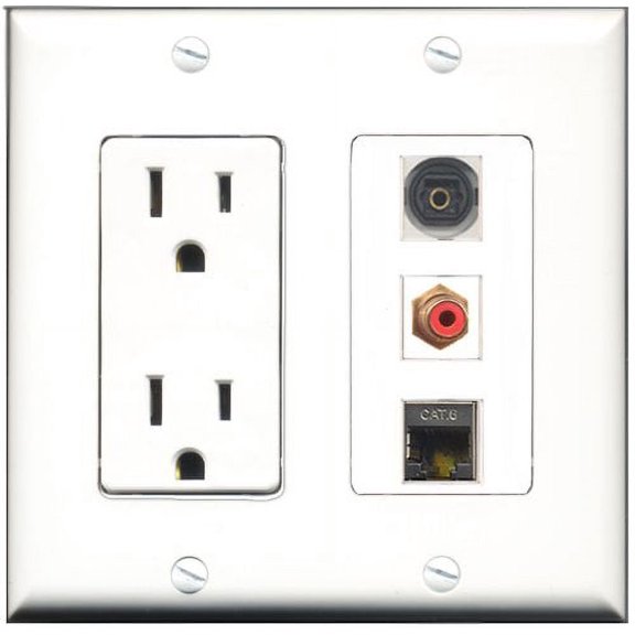 RiteAV - 15 Amp Power Outlet 1 Port RCA Red 1 Port Shielded Cat6 Ethernet Ethernet 1 Port Toslink Decorative Wall Plate