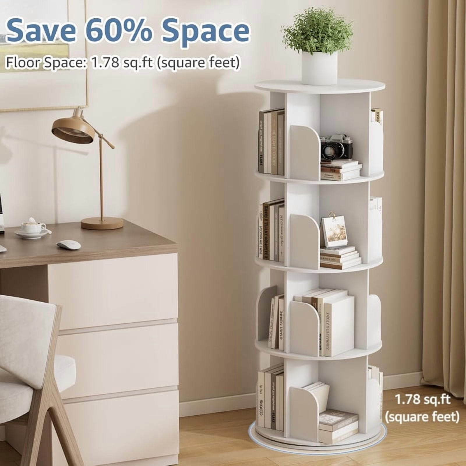 Simenmax 4-Tier Rotating Bookshelf Tower – 360° Spinning Bookcase for Small Spaces, Freestanding Vertical Corner Shelf for Bedroom, Living Room, Study, White
