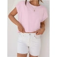 thumbnail image 3 of Womens Short Sleeve T-Shirts Round Neck Rolled Dolman Sleeve Tops Solid Casual Cropped Tees, 3 of 7