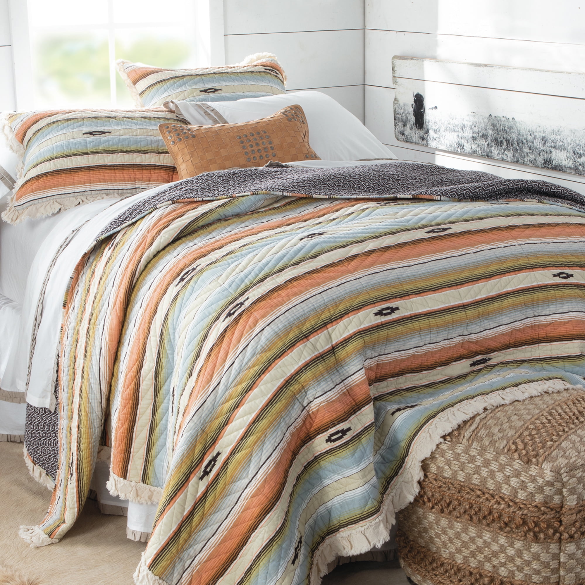 Southwest Ruffle Edged Blue, Orange, Green and Brown Stripe 3 Piece