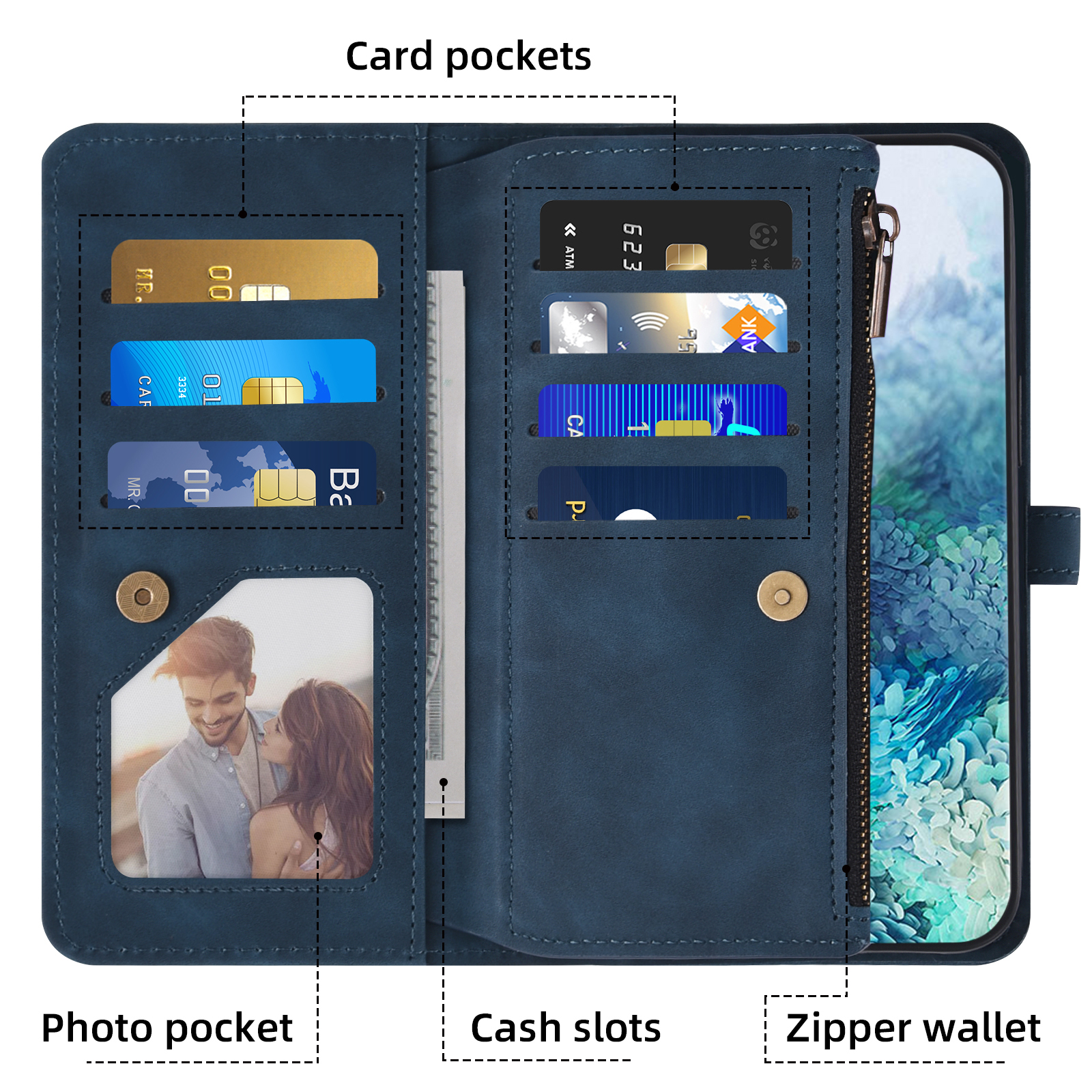 Asuwish Phone Case for Samsung Galaxy S20 Plus S20+ 5G Wallet Cover With Tempered Glass Screen Protector Wrist Strap Flip Pattern Zipper Card Holder Cell S20+5G S20plus 20S + S2O S 20 20+ G5 Men Blue