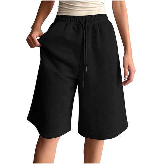 TEAJOPSUU Women's Knee Wide Leg Short Sweatpants Comfy Drawstring Elastic Waist Activewear Daily Shorts with Pockets Black
