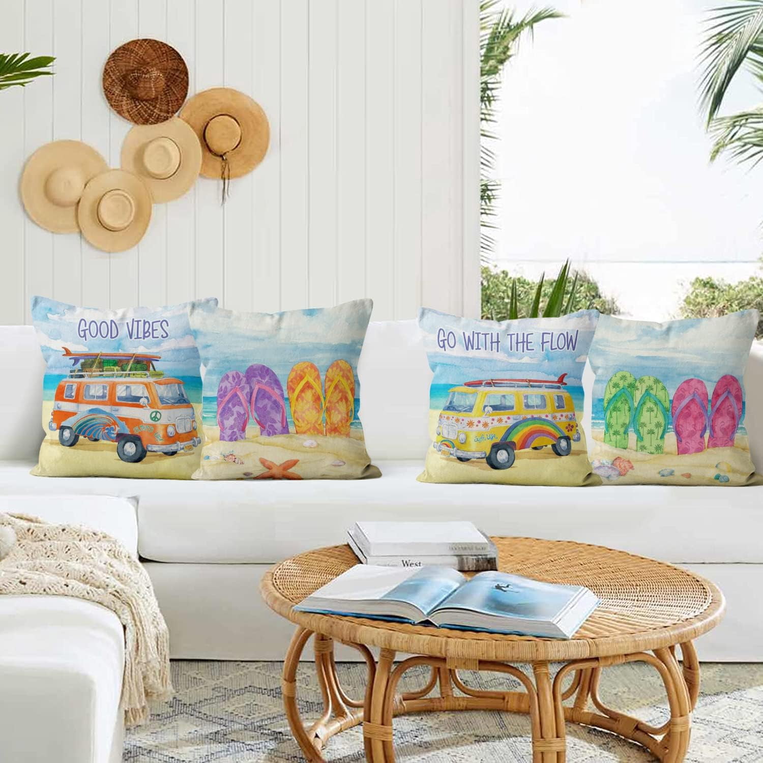 Summer Beach Pillow Covers 20x20 Set of 4, Summer Outdoor Decor Throw Pillow Covers Flip Flops Pillowcase Sea Ocean Cushion Case for Home Living Room Yard