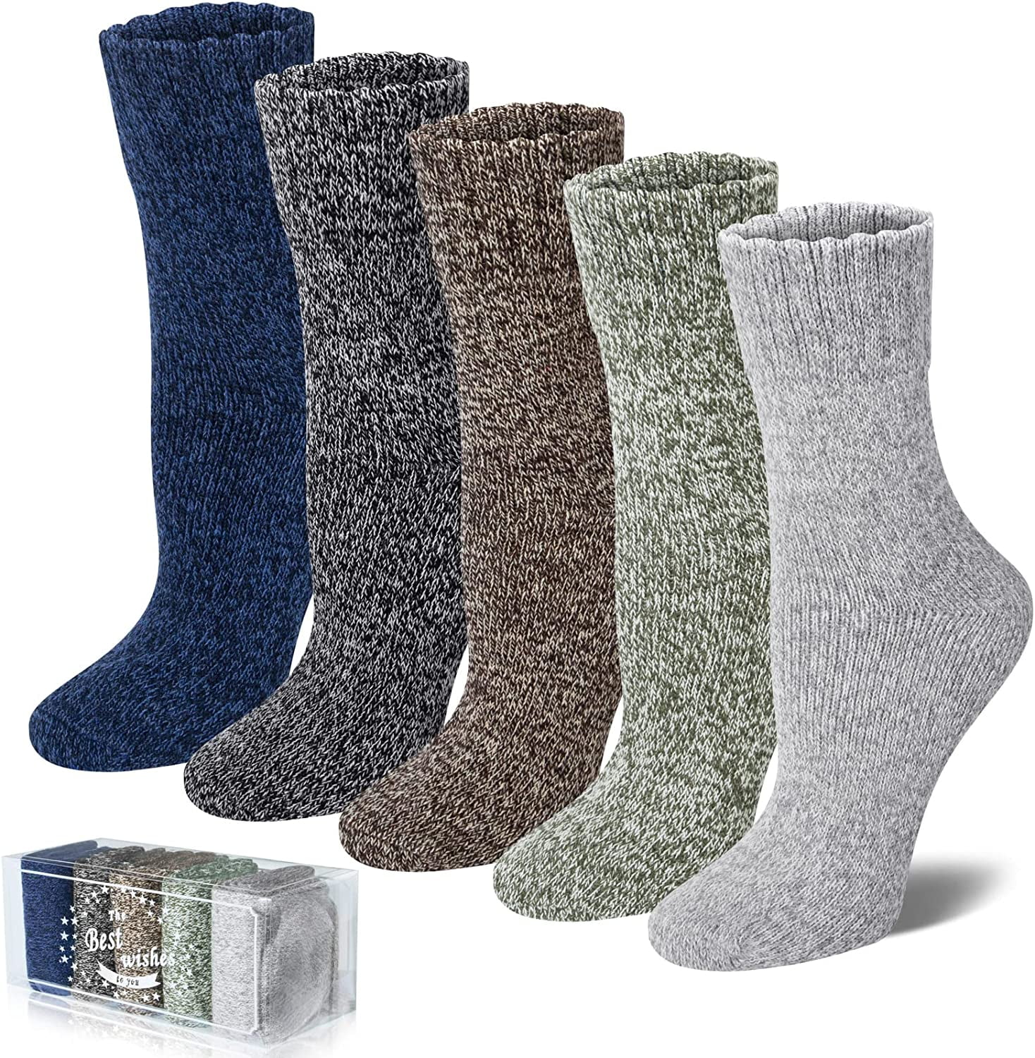 QWZNDZGR 5 Pairs Merino Wool Socks Winter Warm Thick Knit Casual Crew