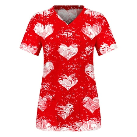 

XHJUN Womens Scrub Tops 4xl Couple Happy Valentines Day Nurse Shirt Couple V Neck Short Sleeve Workwear Cute Print Red XXXL