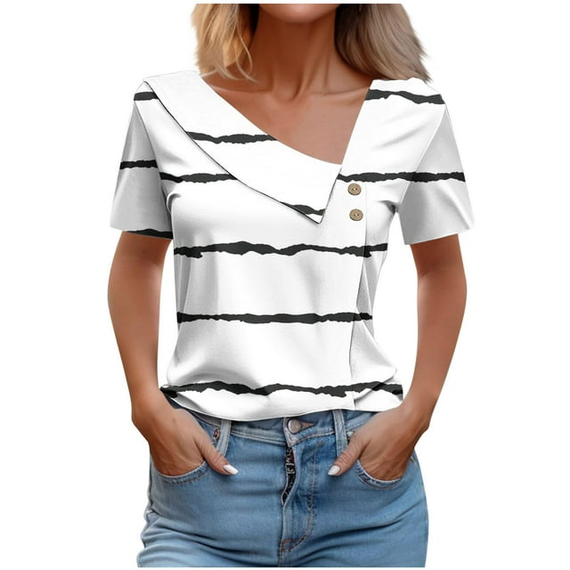 Tops de Algodón para Mujeres Cuello en V Casual de Manga Corta, Imitación Algodón Primavera Y Blusa de Verano