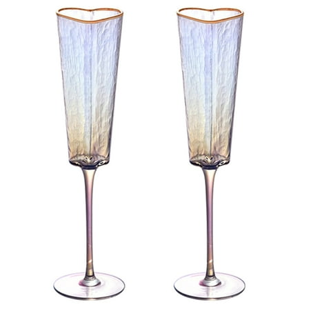 2Pcs Champagne Flute Goblet Elegant Heart Shape Gold Rimmed Glass Cup Drinkware