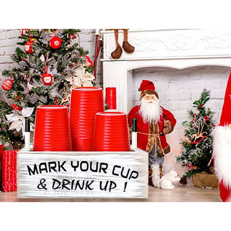 NaiCeay Double Solo Cup Holder with Marker Slot Wooden Mark Your Cup and Drink Up Drink Dispenser 2 Sides Designs for Parties Farmhouse Bar Christmas