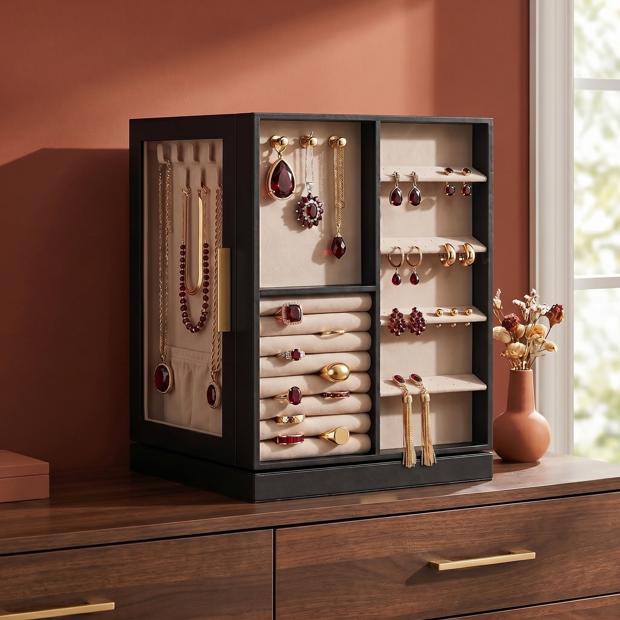 Nordic Hygge 360° Rotating 5-Drawer Jewelry Box with Glass Window, Graphite Black