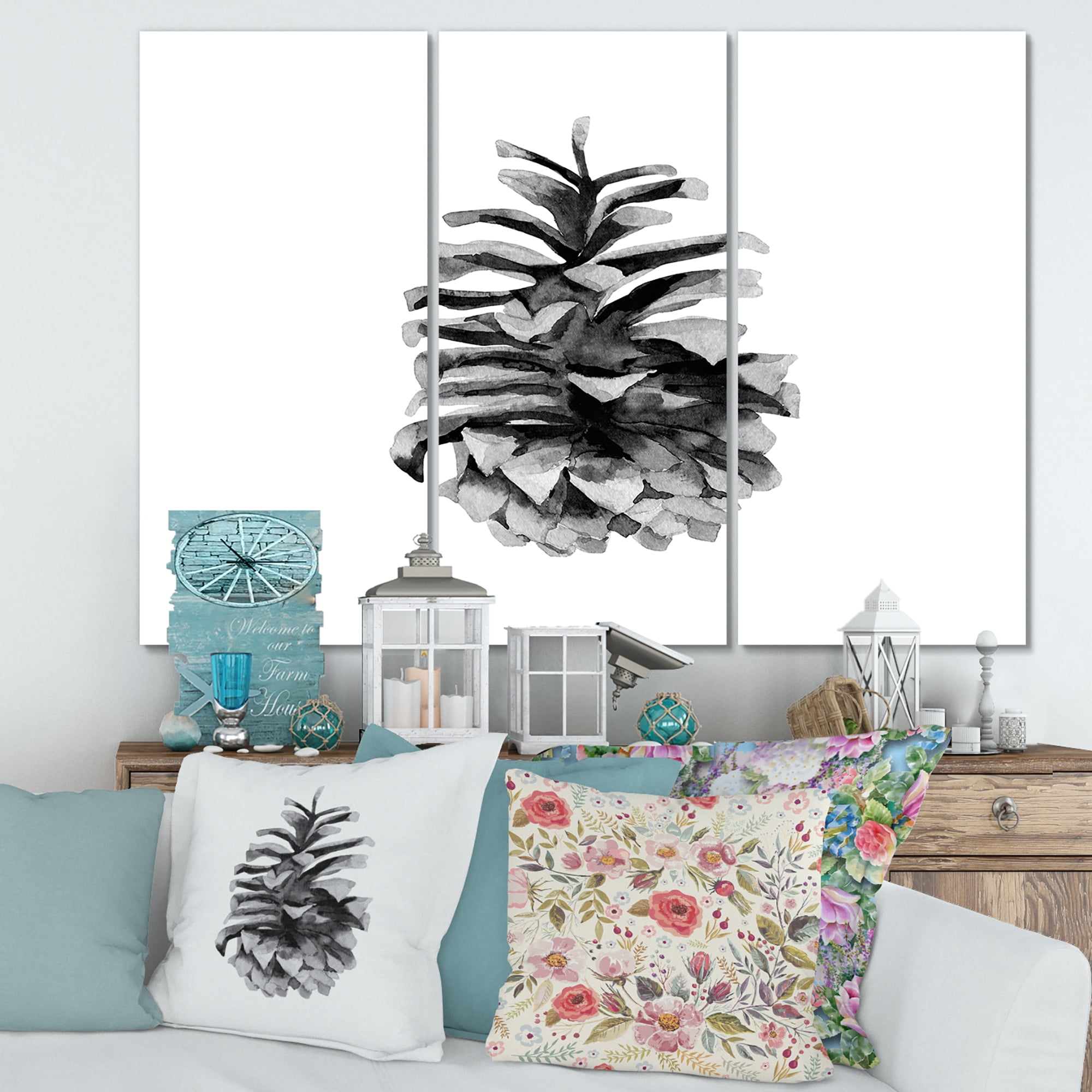 Designart ' Conifer Cone Black and White ' Traditional Canvas Wall Art Print