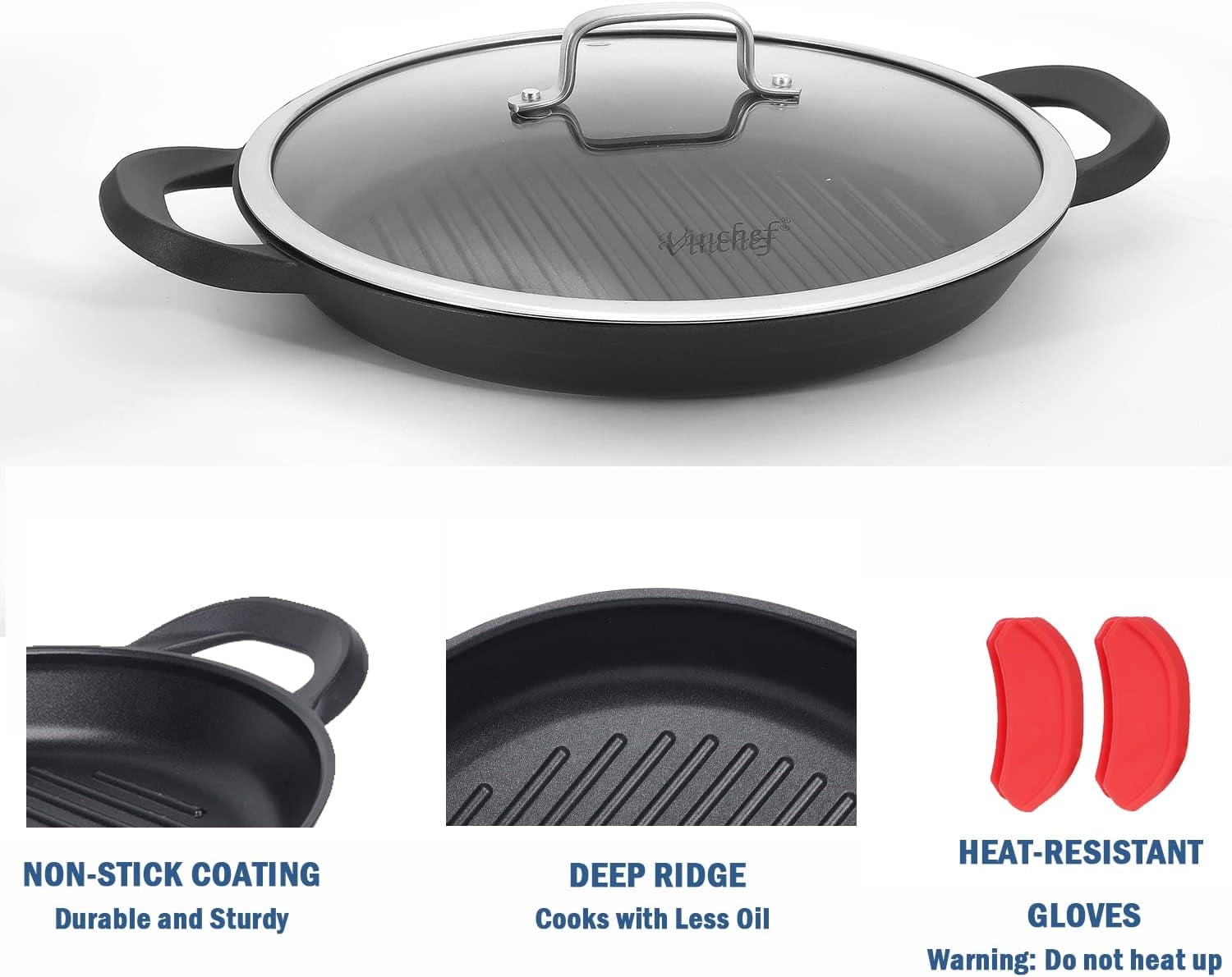 Nonstick Grill Pan for Stove tops | 13.0" Skillet with Lid, Induction Compatible, Dishwasher & Oven Safe