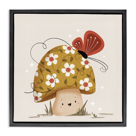 Stupell Industries Happy Mushroom & Butterfly Floral Painting Black Floater Framed Canvas Art Print Wall Art, 18 x 18