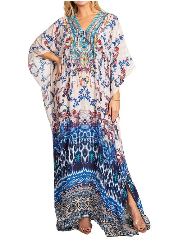 Georgettina 2025 Flowy Rhinestone V Neck Long Caftan Dress / Cover Up - 625 - One Size